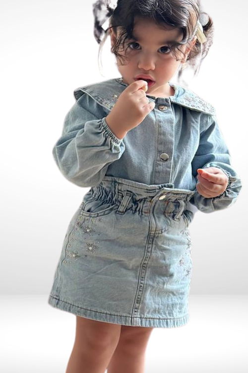 3-10 YAŞ KIZ ÇOCUK TAŞ DETAYLI KOT ETEKLİ TAKIM