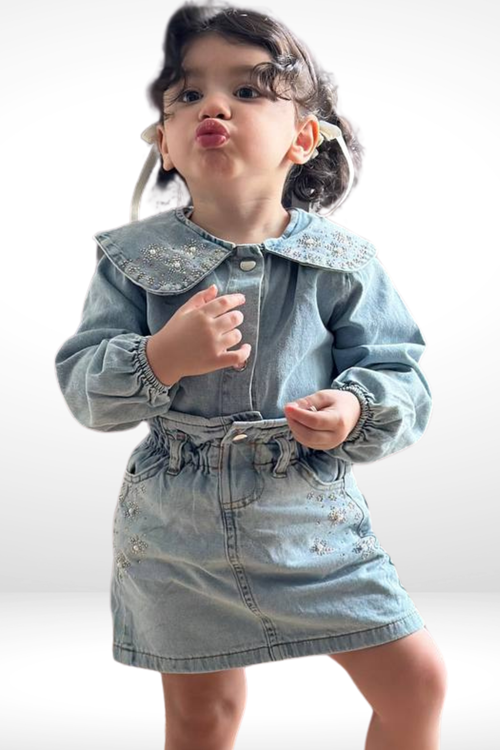 3-10 YAŞ KIZ ÇOCUK TAŞ DETAYLI KOT ETEKLİ TAKIM