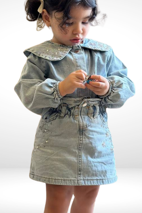 3-10 YAŞ KIZ ÇOCUK TAŞ DETAYLI KOT ETEKLİ TAKIM