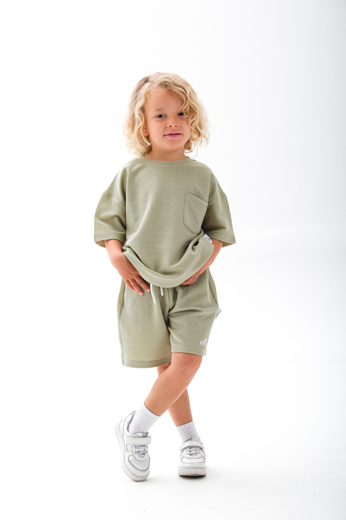 Waffle Kumaş Cepli Takım 3-10 Yaş Mint Yeşil