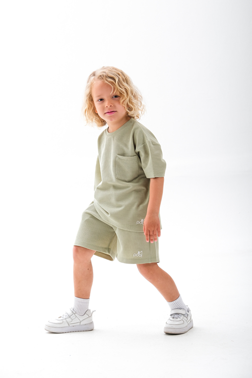 Waffle Kumaş Cepli Takım 3-10 Yaş Mint Yeşil