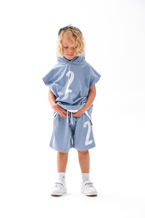 Kapşonlu Sıfır Kol Takım 4-10 Yaş Prada Mavi