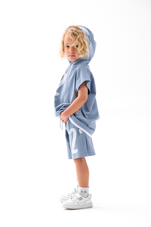 Kapşonlu Sıfır Kol Takım 4-10 Yaş Prada Mavi