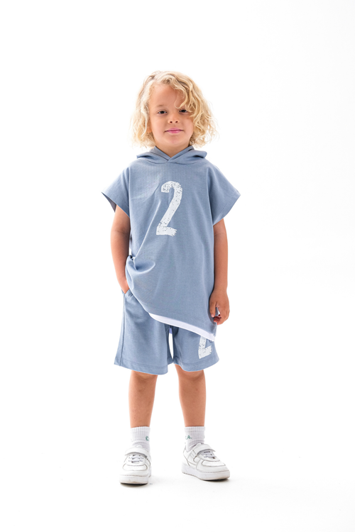 Kapşonlu Sıfır Kol Takım 4-10 Yaş Prada Mavi