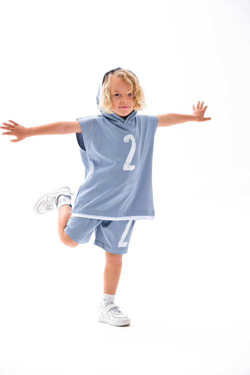 Kapşonlu Sıfır Kol Takım 4-10 Yaş Prada Mavi