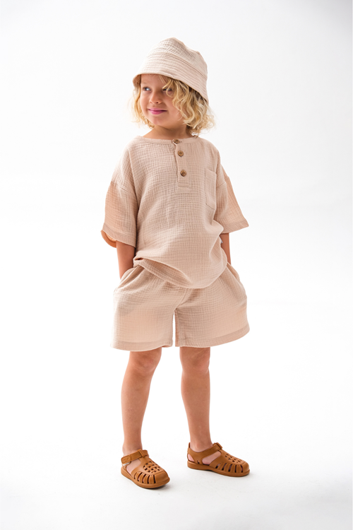 Balıkçı Şapkalı Üçlü Takım %100 Pamuk Müslin Kumaş 4-10 Yaş Bej 