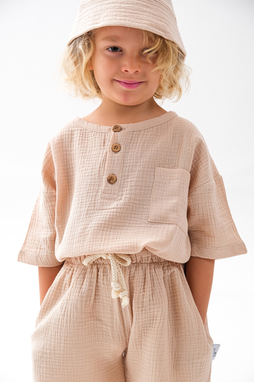 Balıkçı Şapkalı Üçlü Takım %100 Pamuk Müslin Kumaş 4-10 Yaş Bej 