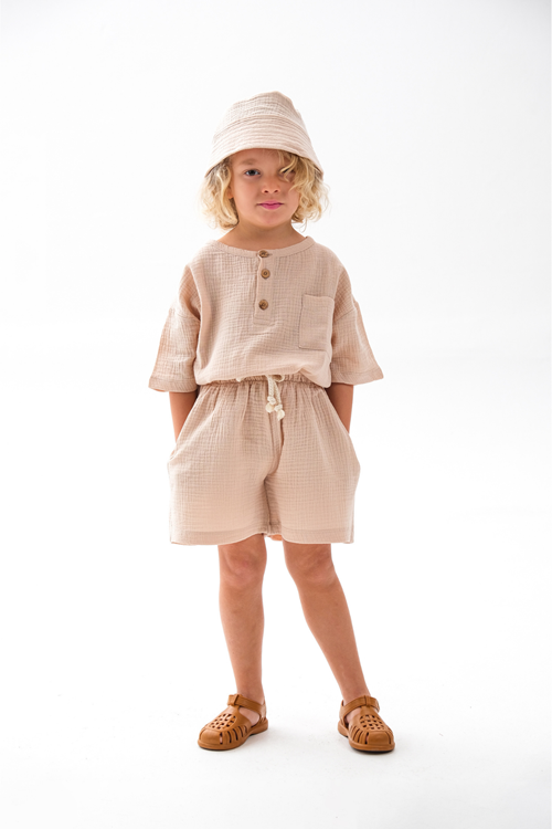 Balıkçı Şapkalı Üçlü Takım %100 Pamuk Müslin Kumaş 4-10 Yaş Bej 