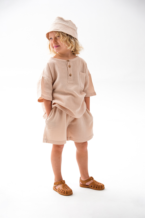 Balıkçı Şapkalı Üçlü Takım %100 Pamuk Müslin Kumaş 4-10 Yaş Bej 