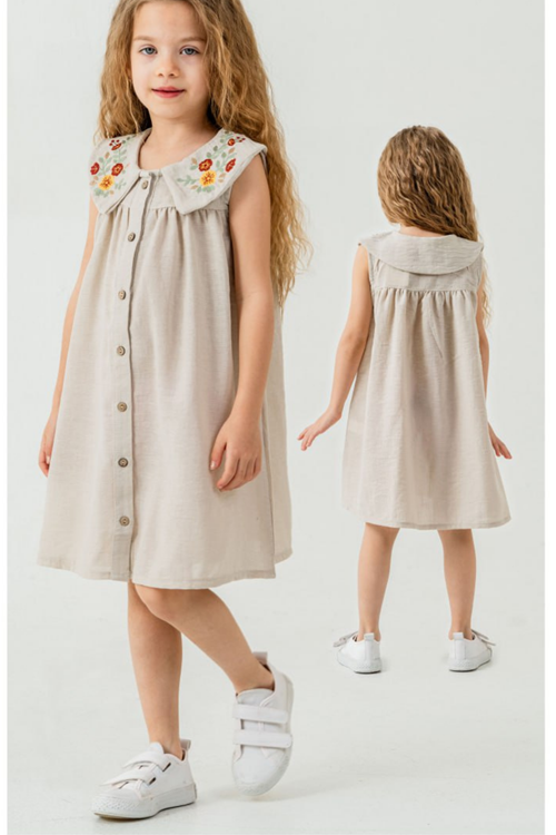 Yaka İşleme Detaylı Dokuma Elbise 4-8 Yaş