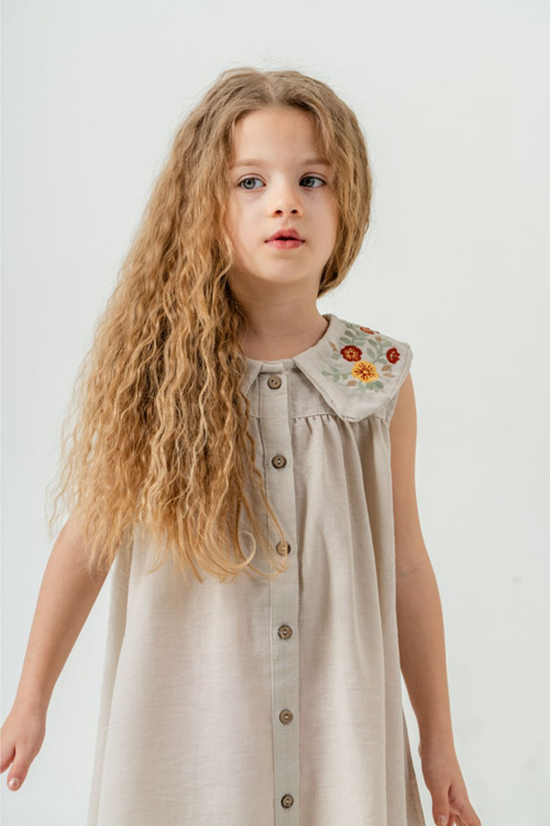 Yaka İşleme Detaylı Dokuma Elbise 4-8 Yaş