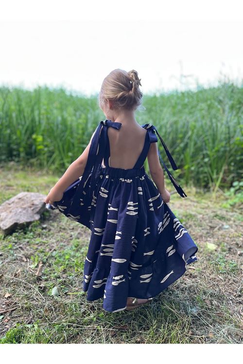 Balık Desenli Keten Uçuş Elbise 