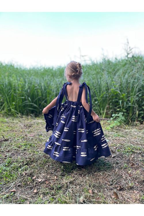 Balık Desenli Keten Uçuş Elbise 