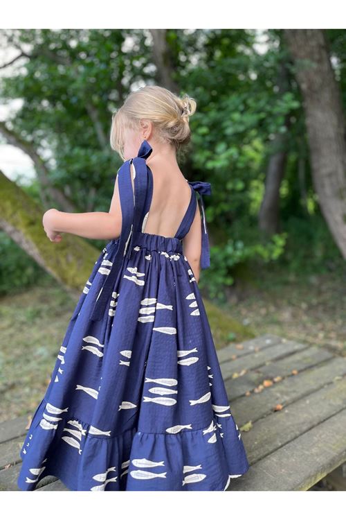 Balık Desenli Keten Uçuş Elbise 