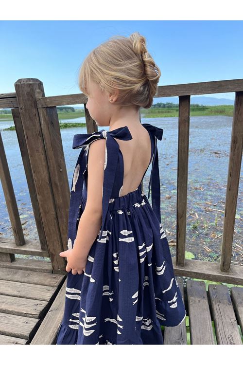 Balık Desenli Keten Uçuş Elbise 