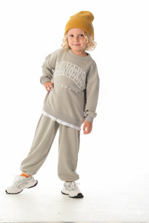 LOSANGELES SLOGANLI  BEYAZ ETEK DETAYLI ERKEK ÇOCUK EŞOFMAN TAKIMI