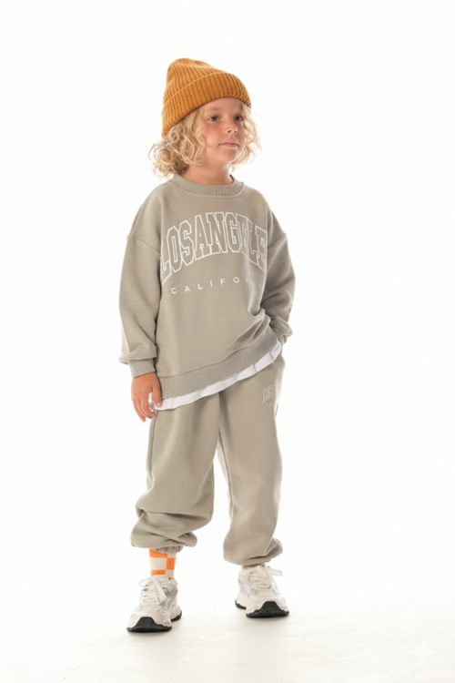 LOSANGELES SLOGANLI  BEYAZ ETEK DETAYLI ERKEK ÇOCUK EŞOFMAN TAKIMI