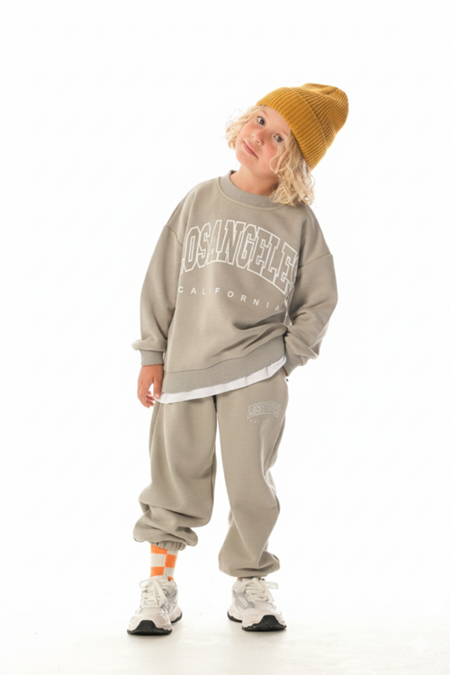 LOSANGELES SLOGANLI  BEYAZ ETEK DETAYLI ERKEK ÇOCUK EŞOFMAN TAKIMI