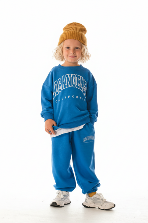 LOSANGELES SLOGANLI BEYAZ ETEK DETAYLI  ÇOCUK EŞOFMAN TAKIMI