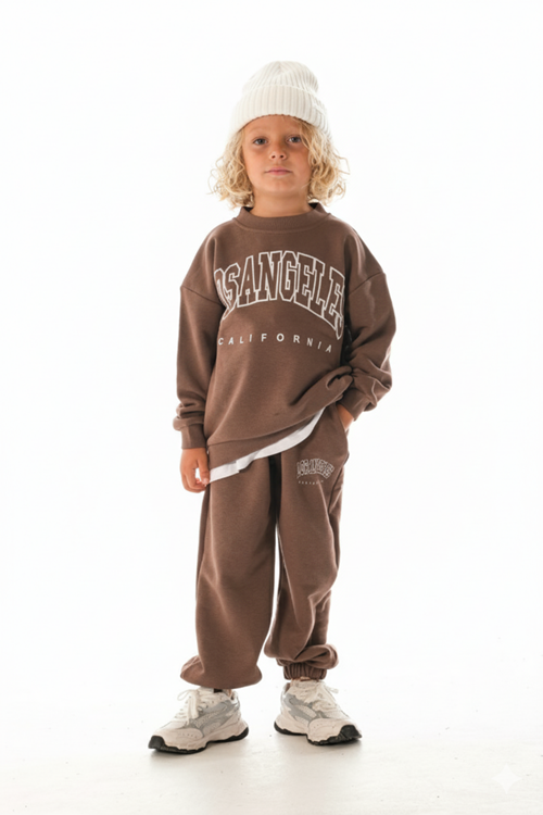 LOSANGELES SLOGANLI  BEYAZ ETEK DETAYLI  ÇOCUK EŞOFMAN TAKIMI