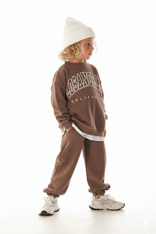 LOSANGELES SLOGANLI  BEYAZ ETEK DETAYLI  ÇOCUK EŞOFMAN TAKIMI