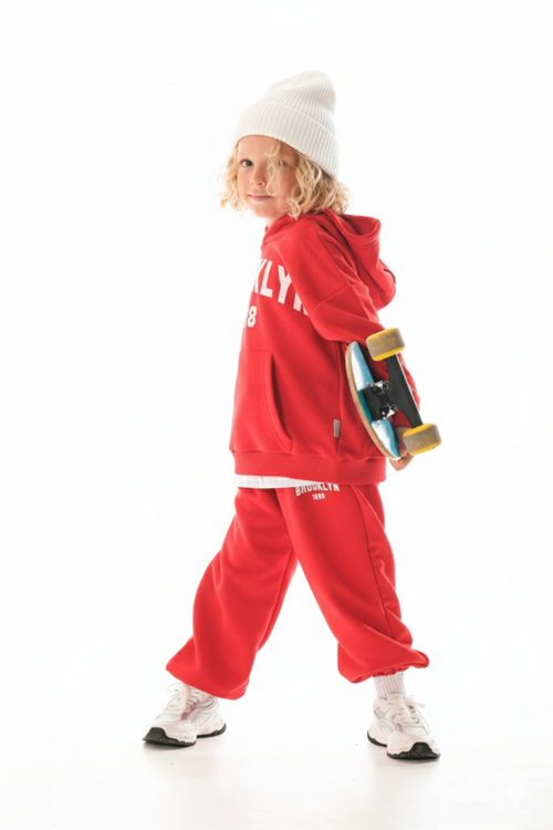 KAPŞONLU -BEYAZ ETEK DETAYLI  ÇOCUK EŞOFMAN TAKIMI